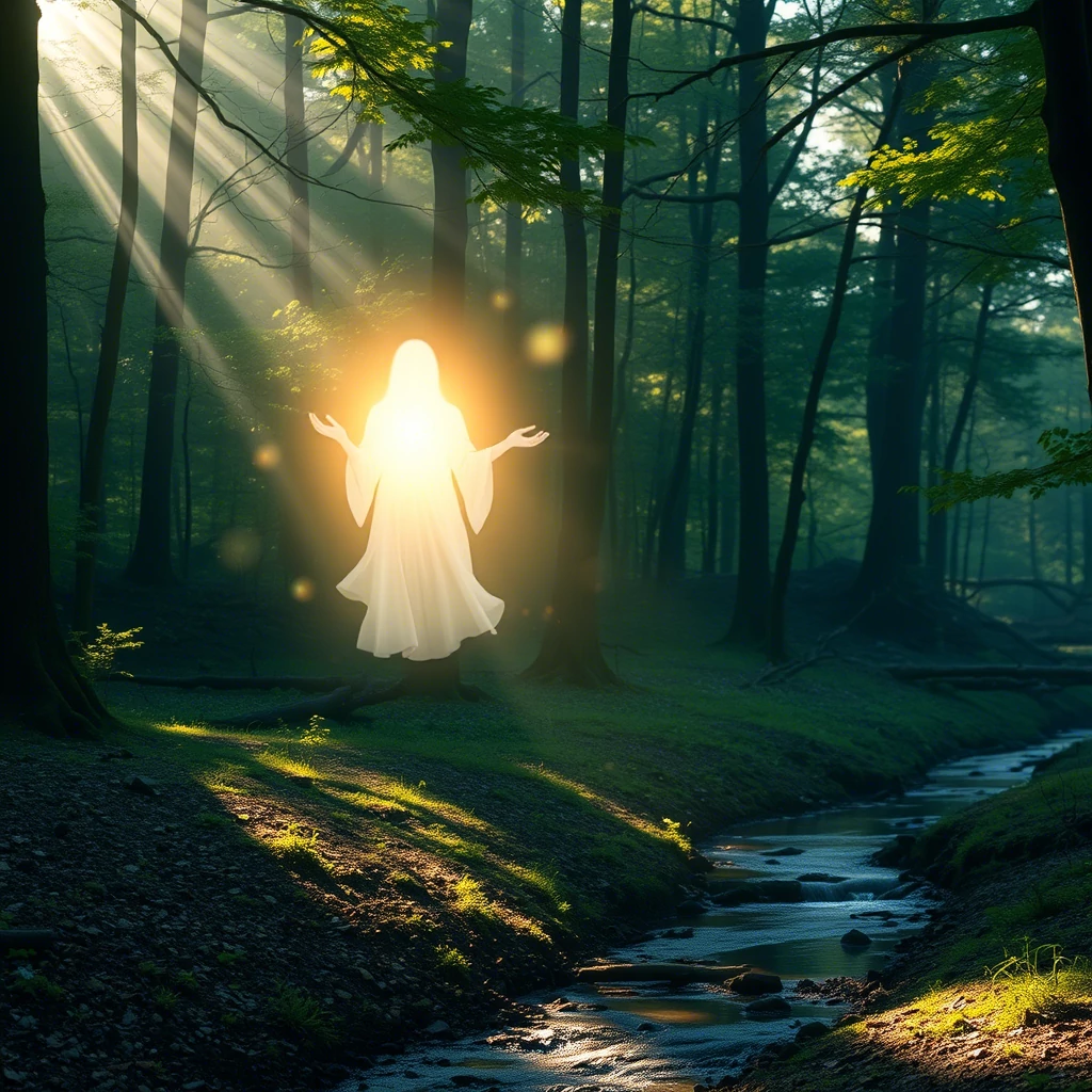 une foret, avec une riviere, les arbre laisse passer les rayons du soleil pour eclairer une silhouette d'ange